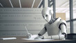 Close up a of sleek humanoid robot writing with a pen on paper, chatGPT concept, Generative AI