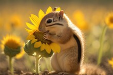 Chipmunk Eating A Tiny Sunflower