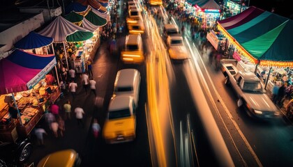 Poster -  a busy city street filled with lots of traffic and covered with tents and umbrellas at night with a lot of people walking around the street.  generative ai