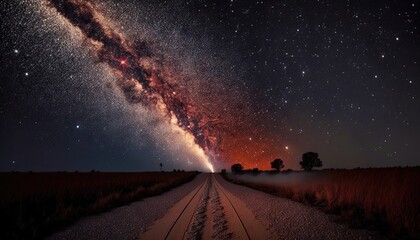 a long exposure photo of the milky over a train track in the middle of a field with trees on the oth
