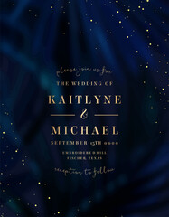 navy blue tropical forest foliage vector background. dark palm leaves wedding invitation