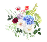 Fototapeta Kwiaty - Blue, green hydrangea flowers, white  peony, tulips, purple hyacinth, red carnation, spring greenery