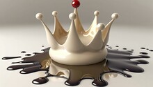  A White And Brown Crown Sitting On Top Of A Puddle Of Chocolate Liquid On A White Surface With A Red Cherry On Top Of It.  Generative Ai