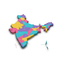  India political map of administrative divisions - states and union teritorries. Colorful 3D vector map with dropped shadow and country name labels.