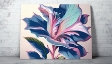  A Painting Of A Large Flower On A White Brick Wall With A Blue And Pink Flower In The Center Of The Painting Is A Large Leafy Plant.  Generative Ai