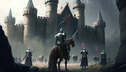 Canvas Print - Noble knights defend castle from invading army. Illustration fantasy by generative IA