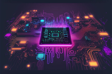 Computer microchip semiconductor on motherboard futuristic cyber neon lighting. Peculiar AI generative image.