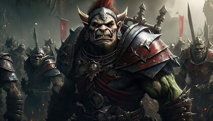 Poster - Orcs wage war against human kingdom. Illustration fantasy by generative IA