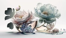  Two Vases With Flowers In Them On A White Surface With A Blue And White Design On The Bottom Of The Vase And The Bottom Of The Vase.  Generative Ai