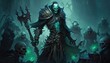 Necromancer raises undead army. Illustration fantasy by generative IA