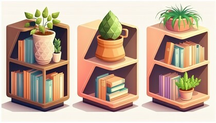 Wall Mural -  a set of three bookshelves with plants and books on them, one with a potted plant and the other with a book.  generative ai