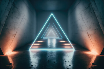 Wall Mural - Concrete room with triangle portal illuminated by blue and orange neon light. Peculiar AI generative image.