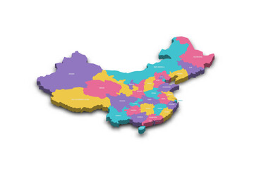  China political map of administrative divisions - provinces, autonomous regions and municipalities. Colorful 3D vector map with dropped shadow and country name labels.