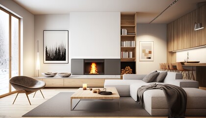  a living room with a couch, chair, table and fireplace in the corner of the room with a large window overlooking the snow covered forest.  generative ai
