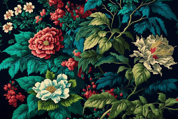 floral botany flowers plants leaves petals flowering blossoming  thriving prolific lush verdant colorful palette Japanese classical painting background,generative ai.