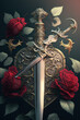 Sword and Red Roses - Swords and Flowers Series - Sword and Flowers background wallpaper created with Generative AI technology	