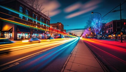 Poster -  a city street at night with cars passing by on the road and buildings lit up with brightly colored lights and trees in the background with long exposure.  generative ai