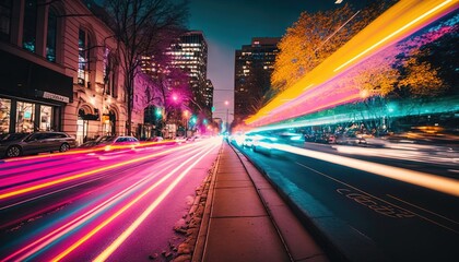 Poster -  a city street filled with lots of traffic and tall buildings with lights on them and a long exposure of light streaks on the road at night time.  generative ai