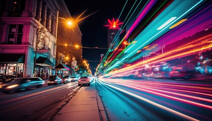 Poster -  a city street filled with lots of traffic at night time with long exposure of cars passing by and buildings lit up with street lights in the background.  generative ai