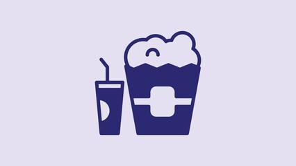 Canvas Print - Blue Popcorn in cardboard box and paper glass with drinking straw and water icon isolated on purple background. Soda drink glass. 4K Video motion graphic animation