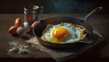 A Fried Egg In A Frying Pan On An Old Gas Cooker. Generative AI