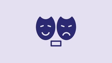 Sticker - Blue Comedy and tragedy theatrical masks icon isolated on purple background. 4K Video motion graphic animation