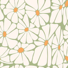 Wall Mural - Retro floral seamless pattern with Groovy Daisy Flower daisies on green background. Vector Illustration. Abstract Aesthetic Modern Art for wallpaper, design, textile, packaging, decor