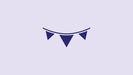 Sticker - Blue Carnival garland with flags icon isolated on purple background. Party pennants for birthday celebration, festival decoration. 4K Video motion graphic animation