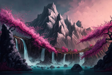 Wall Mural - illustration painting of Oriental background, digital art. Illustration of a dawn mountain fantastic landscape with waterfalls and blooming sakura (ai generated)