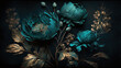 Generative AI, Close up of blooming flowerbeds of amazing teal flowers on dark moody floral textured background. Photorealistic effect.	
