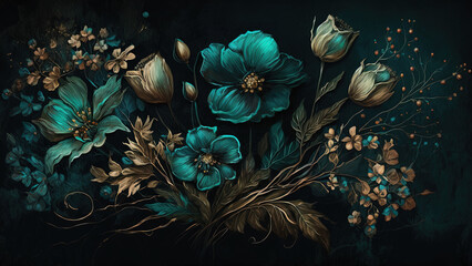 Generative AI, Close up of blooming flowerbeds of amazing teal flowers on dark moody floral textured background. Photorealistic effect.	
