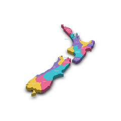  New Zealand political map of administrative divisions - regions. Colorful 3D vector map with dropped shadow and country name labels.