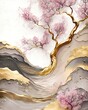 Luxury abstract digital acrylic landscape painting of sakura cherry blossom tree by river in Spring, pink, gold, brown, generative AI