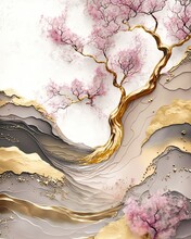 Luxury Abstract Digital Acrylic Landscape Painting Of Sakura Cherry Blossom Tree By River In Spring, Pink, Gold, Brown, Generative AI