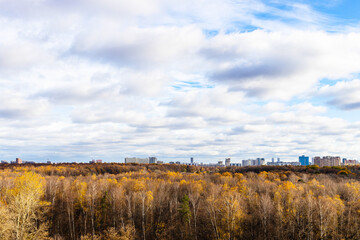 Wall Mural - cloudy sky over forest and city on horizon on sunny autumn day