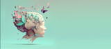 Fototapeta  - Human brain with flowers and butterflies, self care and mental health concept, positive thinking, creative mind, generative AI 