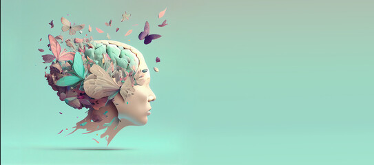human brain with flowers and butterflies, self care and mental health concept, positive thinking, cr