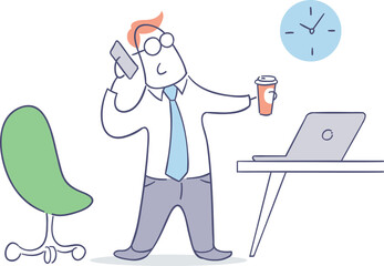 Poster - flat line character person figure of businessman talking on phone in office - png image with transpa