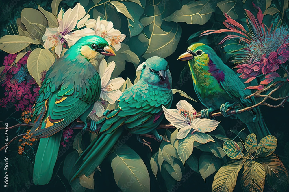 Forêt tropicale de Bali avec plusieurs oiseaux et fleurs colorés