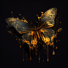 Fantastic Butterfly Covered With Liquid Gold Melts And Flows, Isolated On A Black Background, Unusual Wallpaper