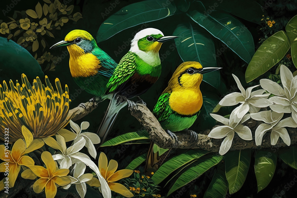 Forêt tropicale de Bali avec plusieurs oiseaux et fleurs colorés