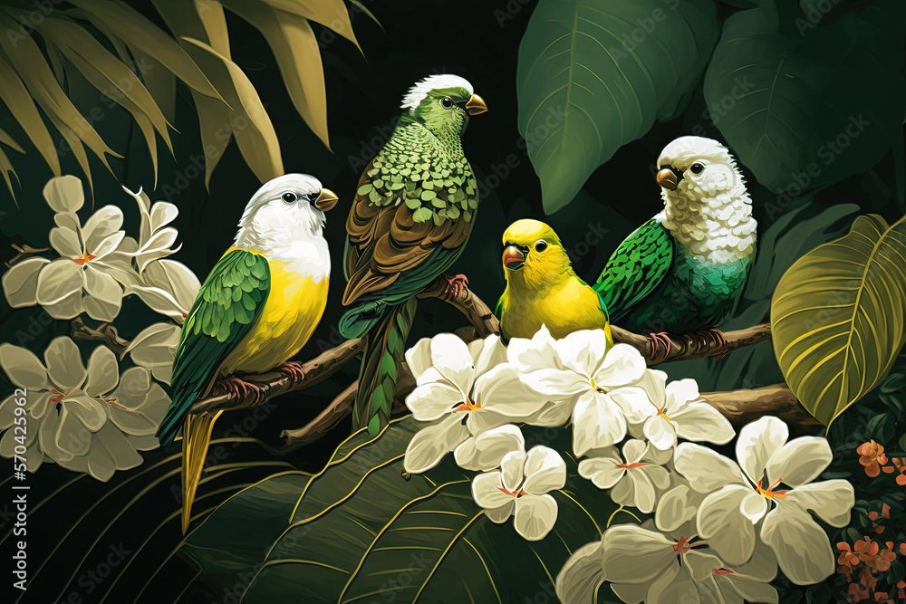 Forêt tropicale de Bali avec plusieurs oiseaux et fleurs colorés