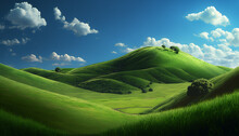 Green Hills And A Blue Sky With Clouds. Generative AI