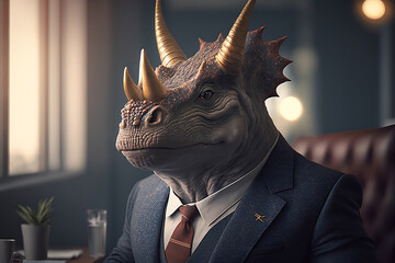 Wall Mural - Portrait of a Triceratops Dressed in a Formal Business Suit at The Office, Boss Triceratops, Generative Ai