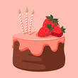 Cartoon birthday chocolate cake with pink icing, strawberry and candles for celebration design. Colorful cartoon vector illustration. Sweet holiday food.