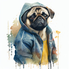 Sticker - Pug wearing hoodie watercolor