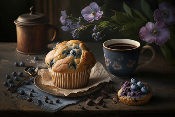 Tasty muffin with coffee. Illustration Generative AI