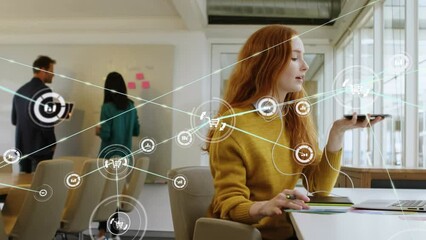 Poster - Animation of network of digital icons over caucasian woman talking on smartphone at office