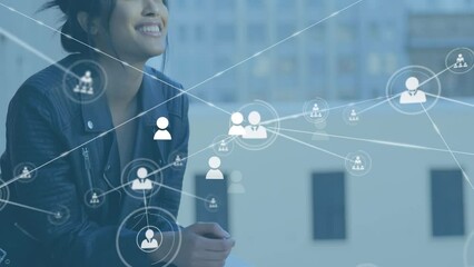 Poster - Animation of profile icons connected with lines over smiling asian businesswoman standing by railing