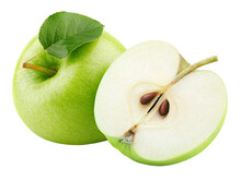 Ripe green apple fruit with apple half and green leaf isolated on transparent background